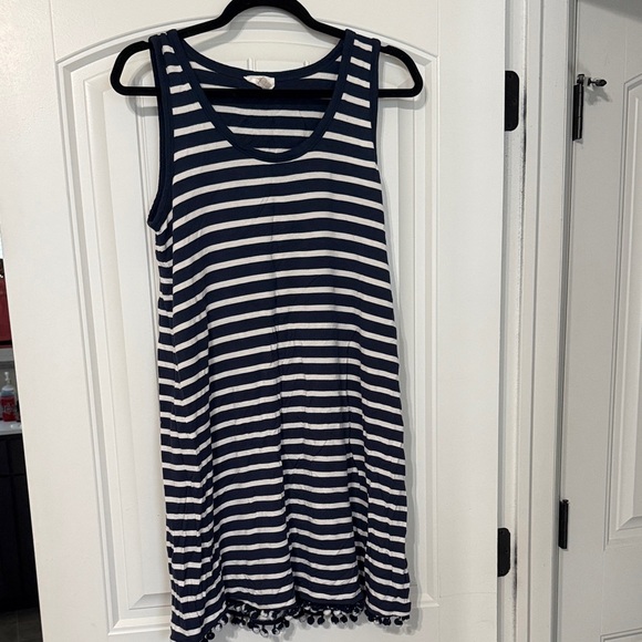 LOFT Dresses & Skirts - LOFT Navy and White Striped Tank Dress with Pom Trim